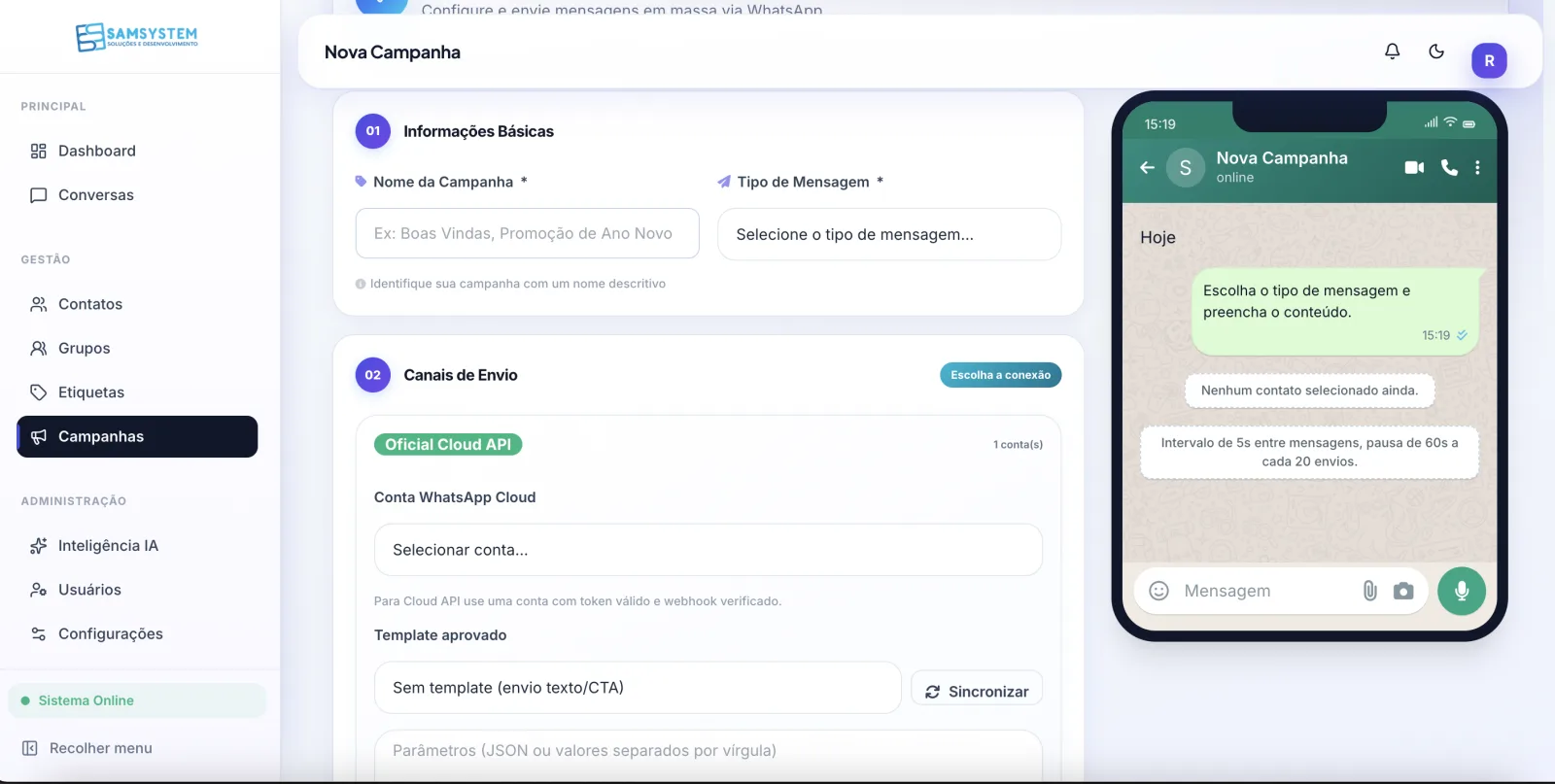 Tela de criação de campanhas segmentadas